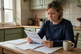 Femme consultant des documents fiscaux à la table de cuisine pour corriger sa déclaration d'impôts