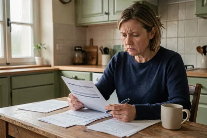 Femme consultant des documents fiscaux à la table de cuisine pour corriger sa déclaration d'impôts