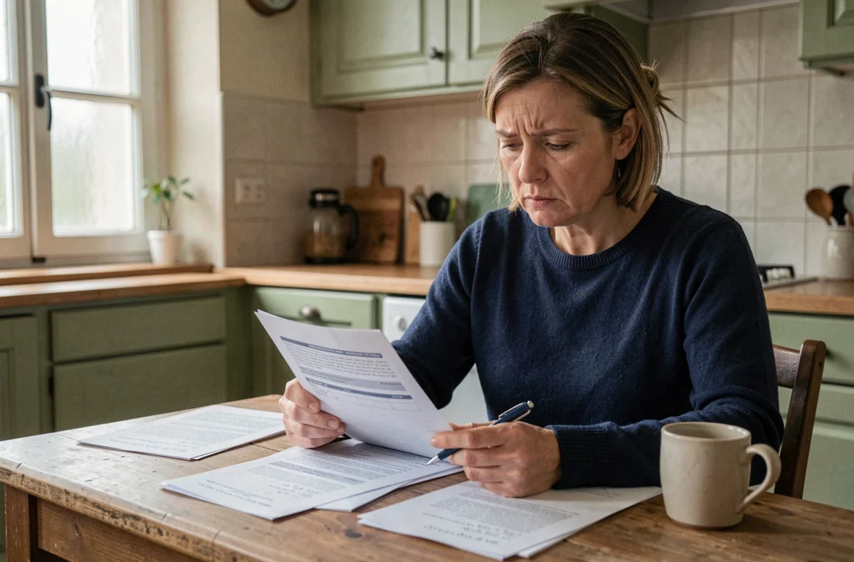 Femme consultant des documents fiscaux à la table de cuisine pour corriger sa déclaration d'impôts