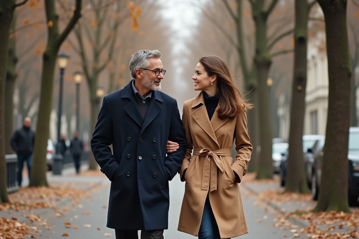 Couple marchant côte à côte sur une avenue parisienne en automne, illustrant la vie privée discrète d'un humoriste français et de sa compagne