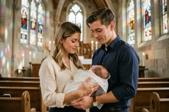 Jeune couple tenant leur nouveau-né en robe de baptême blanche dans une église en pierre lors d'une cérémonie de baptême en 2026