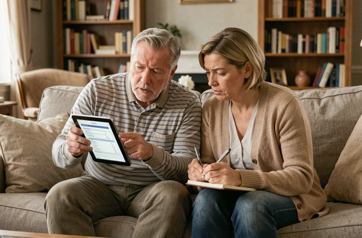 Couple examinant ensemble leur déclaration fiscale sur une tablette pour signaler un changement de situation