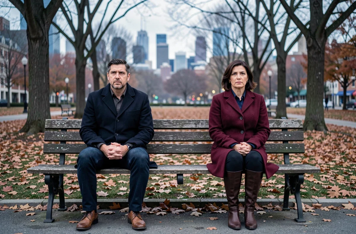 Couple assis à distance sur un banc de parc en automne, regard dans le vide, illustrant la tension émotionnelle et l'ambiguïté d'une relation amoureuse impossible