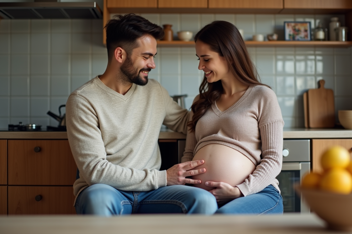 Homme et femme enceinte se tenant la main dans la cuisine