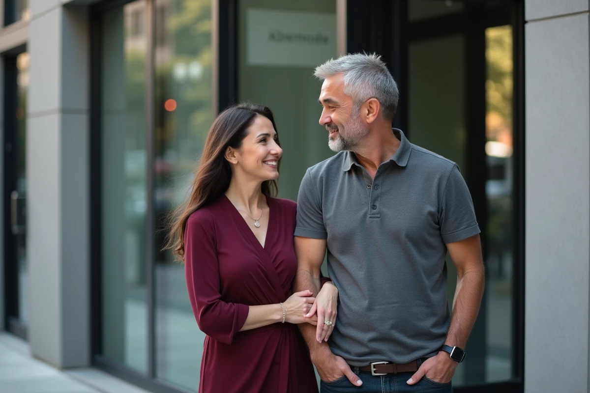 Couple de journaliste et son épouse devant un bâtiment moderne illustrant leur vie publique et privée équilibrée