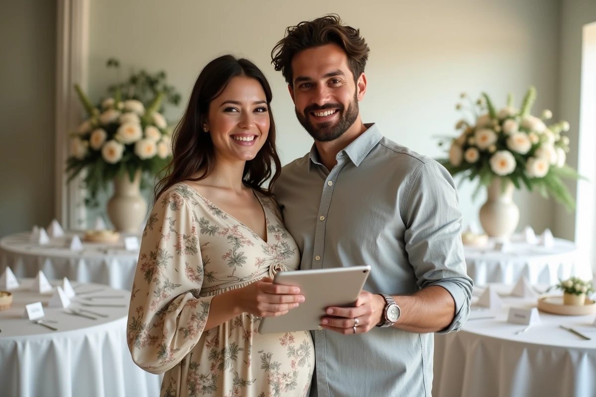 Couple tenant une tablette affichant une liste de cadeaux en ligne dans une salle décorée pour un baptême avec nappes blanches et fleurs