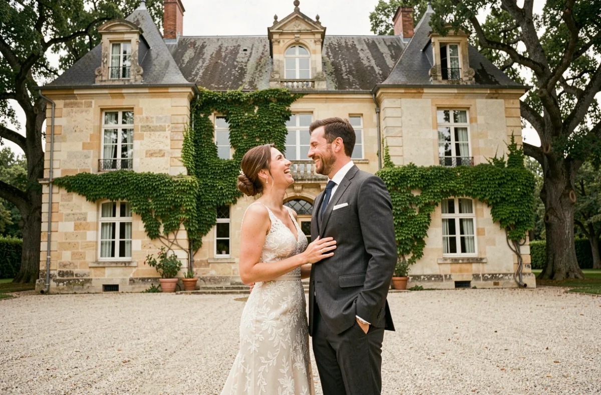 Couple de mariés riant devant un manoir en pierre du Périgord lors d'une séance photo de mariage en Dordogne