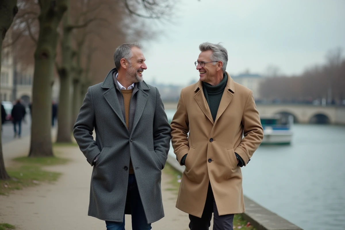 Deux hommes élégants marchant côte à côte le long de la Seine à Paris, dans une ambiance intimiste et discrète