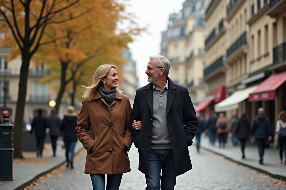 Couple élégant se promenant dans une rue parisienne en automne, ambiance naturelle et décontractée