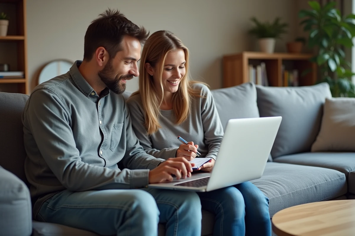 Couple résolvant ensemble un bug de connexion sur le portail familles de Toulon depuis leur salon avec un ordinateur portable