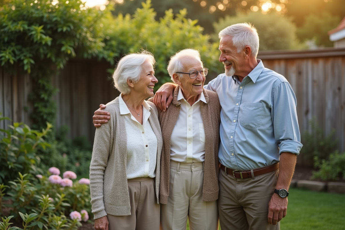 Couple senior dans le jardin avec leur fils en étreinte chaleureuse