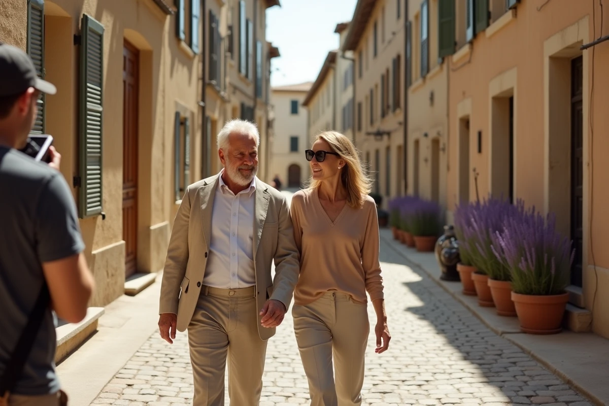 Couple célèbre marchant discrètement dans une rue provençale en évitant les photographes