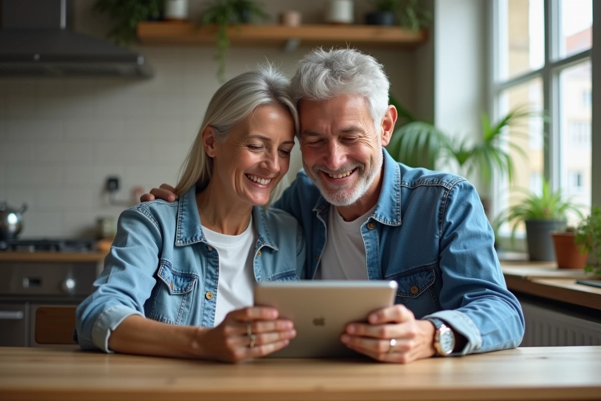Couple souriant avec tablette dans la cuisine moderne