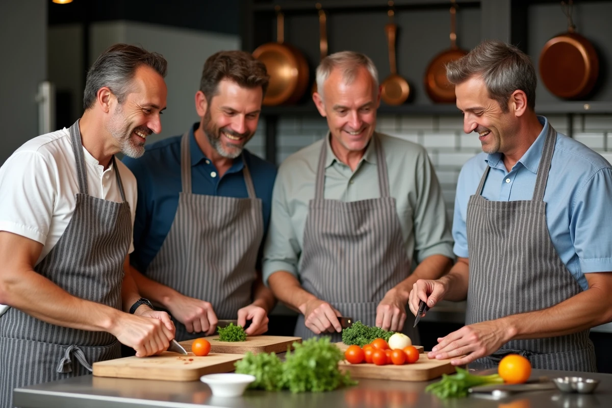 Groupe d'hommes adultes portant des tabliers lors d'un cours de cuisine organisé pour un anniversaire entre amis