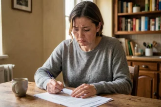 Femme remplissant un formulaire administratif de dénonciation CAF à la table de sa cuisine