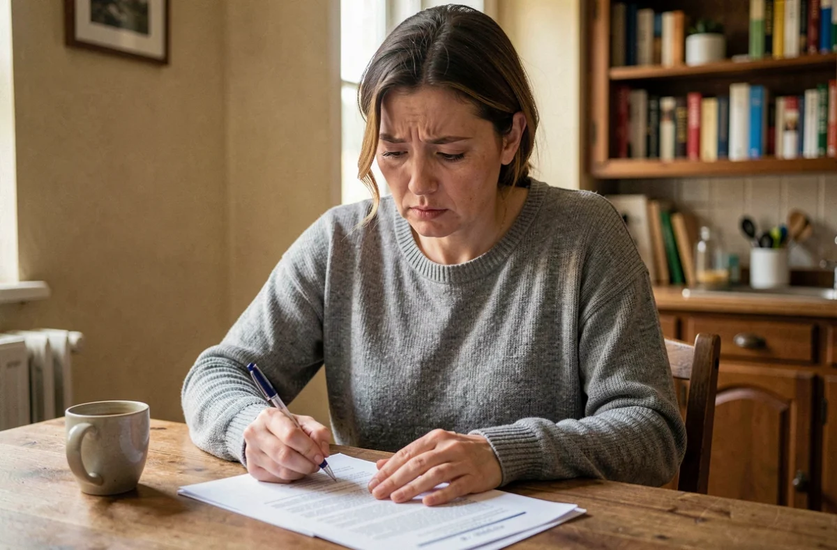 Femme remplissant un formulaire administratif de dénonciation CAF à la table de sa cuisine