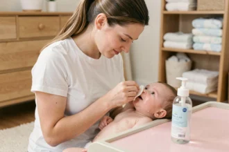 Maman nettoyant le visage de son bébé avec une eau nettoyante et un coton dans une chambre de bébé cosy