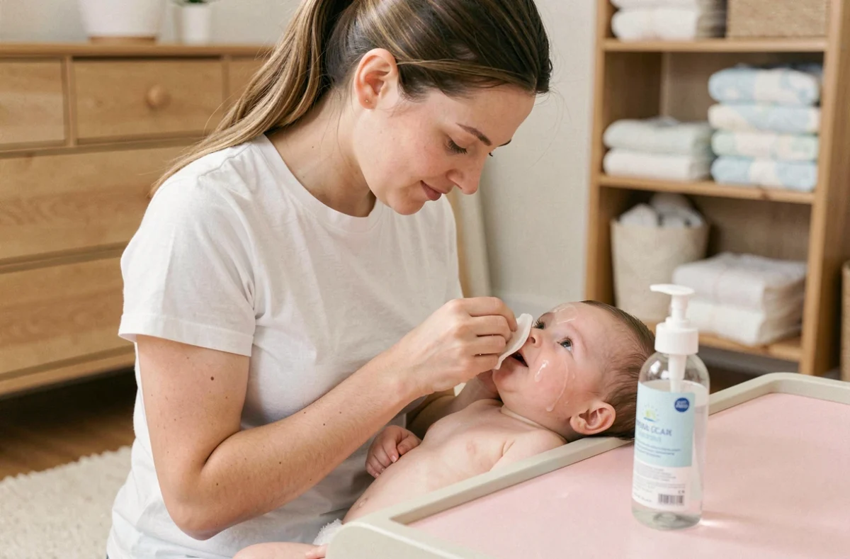 Maman nettoyant le visage de son bébé avec une eau nettoyante et un coton dans une chambre de bébé cosy
