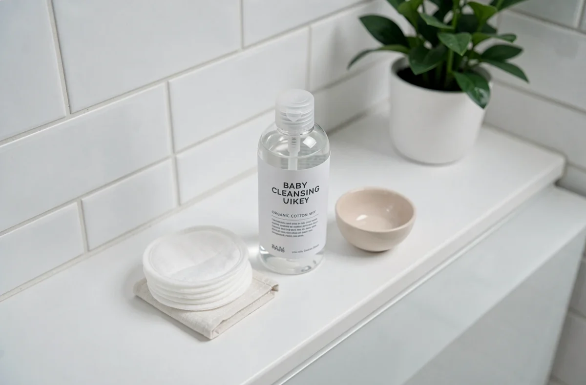 Produits de soin et eau nettoyante pour bébé disposés en flat lay sur une étagère de salle de bain blanche
