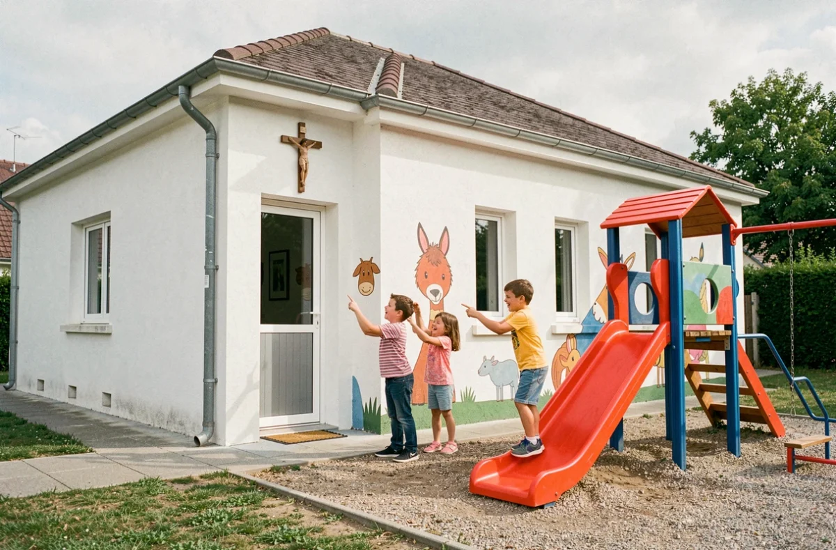 Enfants jouant devant les fresques murales de l'École élémentaire privée Saint Joseph en Maine-et-Loire