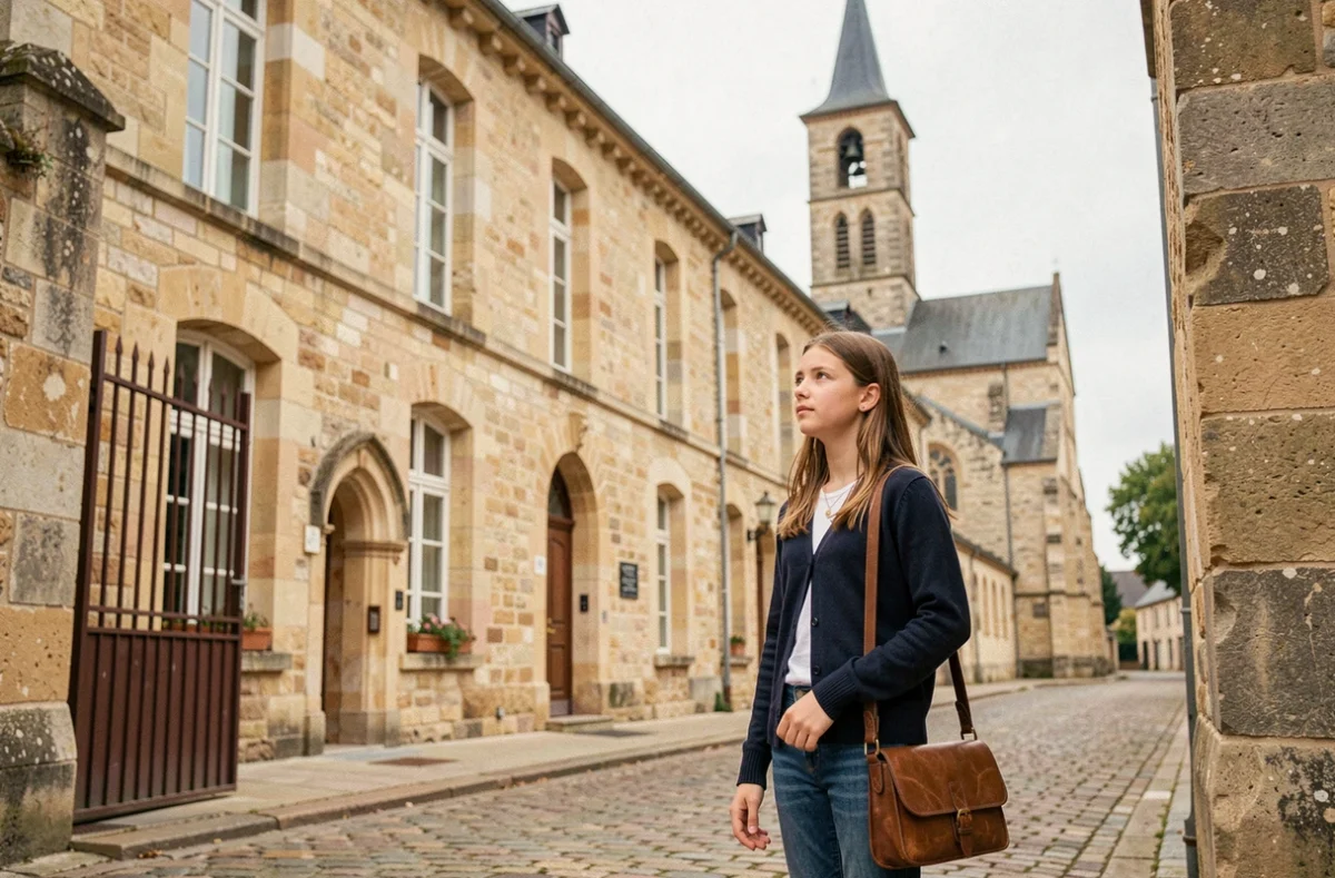 Élève devant l'École Notre-Dame de Nantilly à Saumur avec l'église romane en arrière-plan