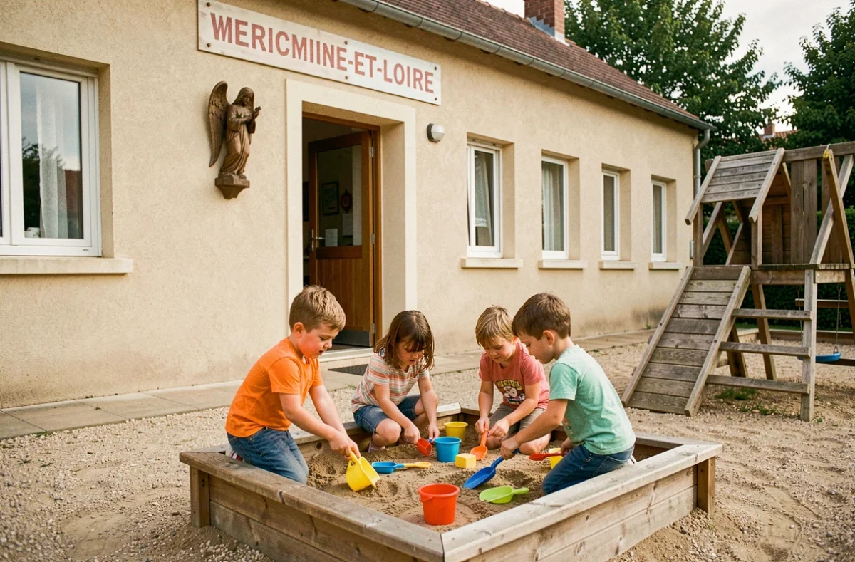 Jeunes élèves jouant dans le bac à sable de l'École primaire privée Ange Gardien en Maine-et-Loire
