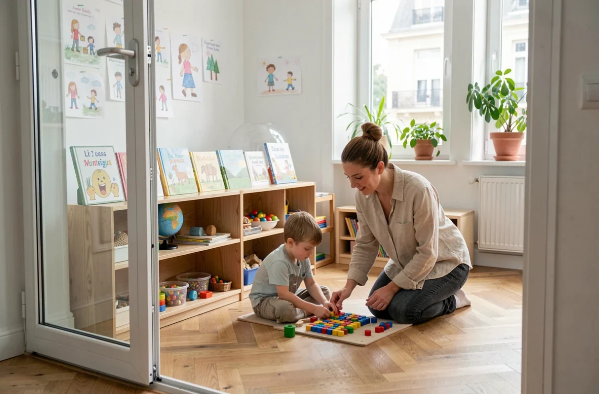 Enseignante et élève travaillant avec du matériel Montessori dans la classe bilingue de l'école primaire Montessori Bilingue