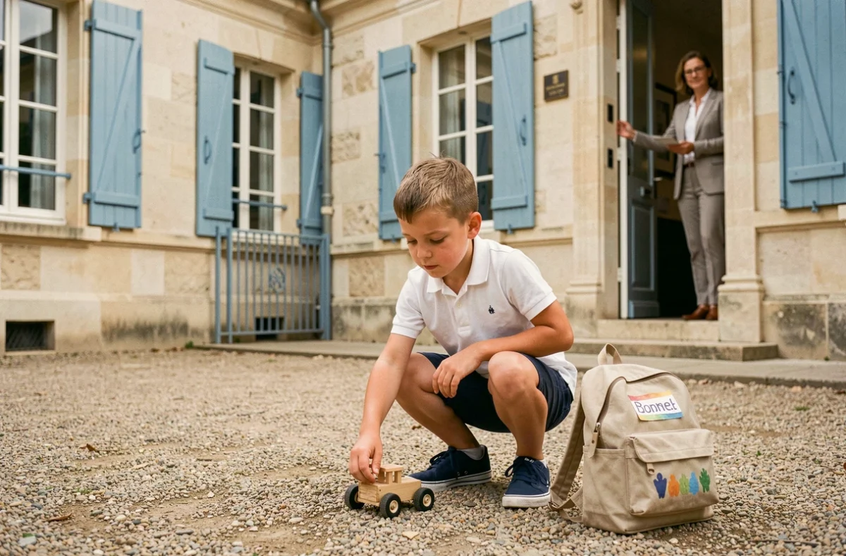 Jeune élève jouant dans la cour de l'école primaire privée Notre-Dame de Sainte Croix