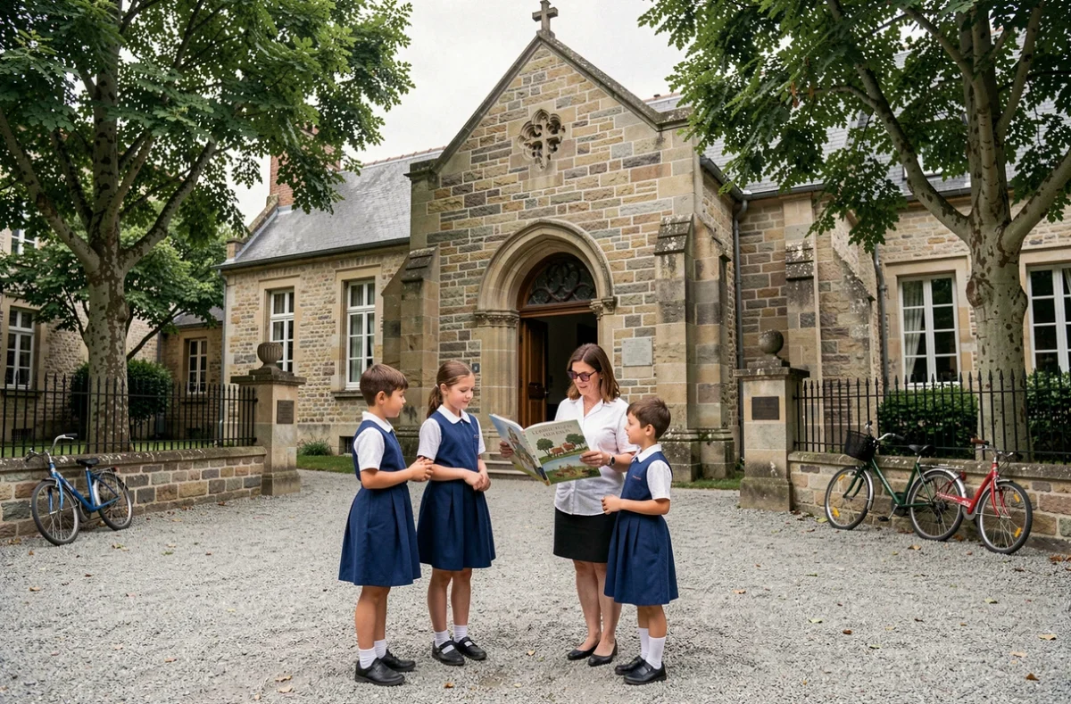 Élèves et enseignante en cercle de lecture dans la cour de l'école primaire privée Saint Joseph du Parchamp