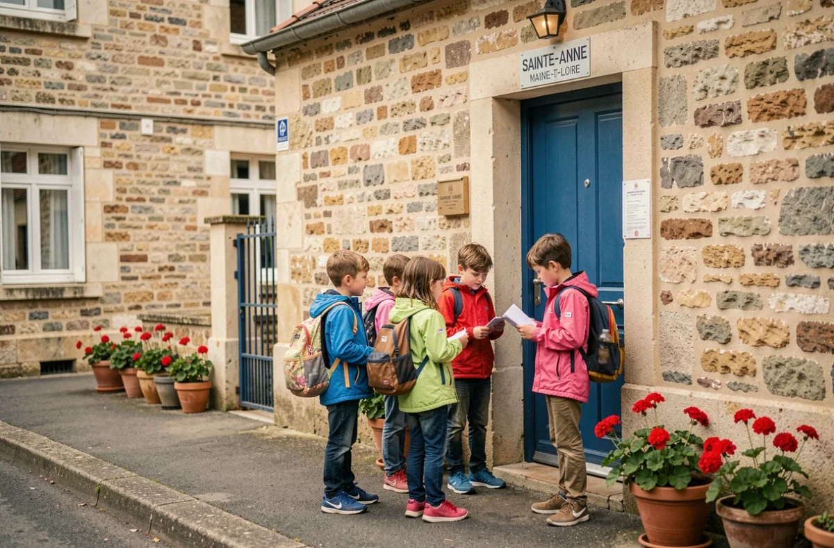 Écoliers alignés devant l'entrée de l'École primaire privée Sainte-Anne en Maine-et-Loire