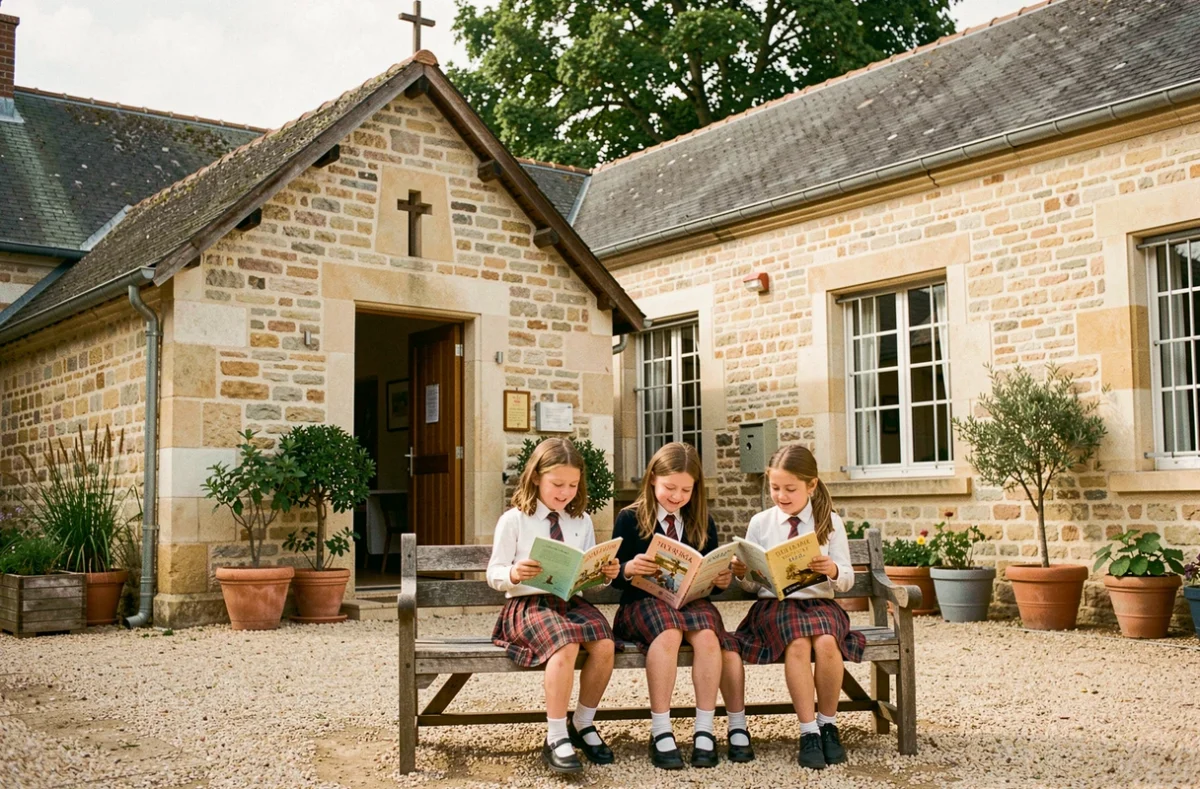 Élèves de l'école primaire privée Sainte Marie de La Providence lisant dans la cour sous les arbres