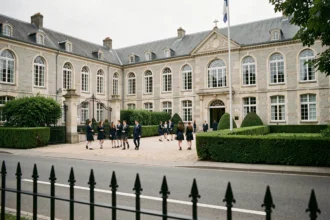 Vue d'ensemble d'une école privée en Maine-et-Loire avec élèves en uniforme dans la cour