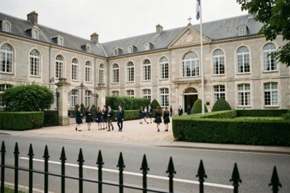 Vue d'ensemble d'une école privée en Maine-et-Loire avec élèves en uniforme dans la cour
