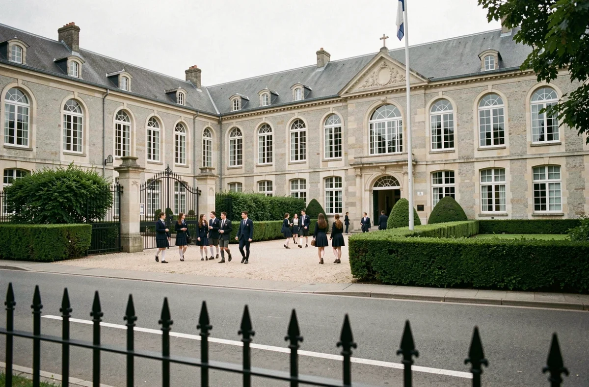 Vue d'ensemble d'une école privée en Maine-et-Loire avec élèves en uniforme dans la cour