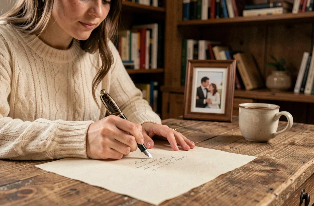 Jeune femme écrivant à la main un poème pour sa grand-mère avec une plume vintage