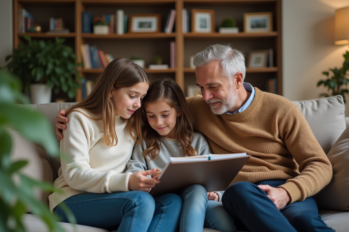 Homme éducateur discutant avec deux adolescents dans le salon