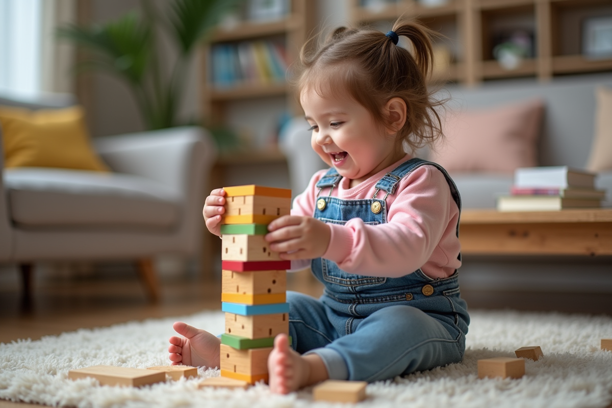 Fille de deux ans en sweat rose et salopette joue avec des blocs en bois