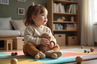 Fille de deux ans assise sur un tapis coloré avec jouets en bois