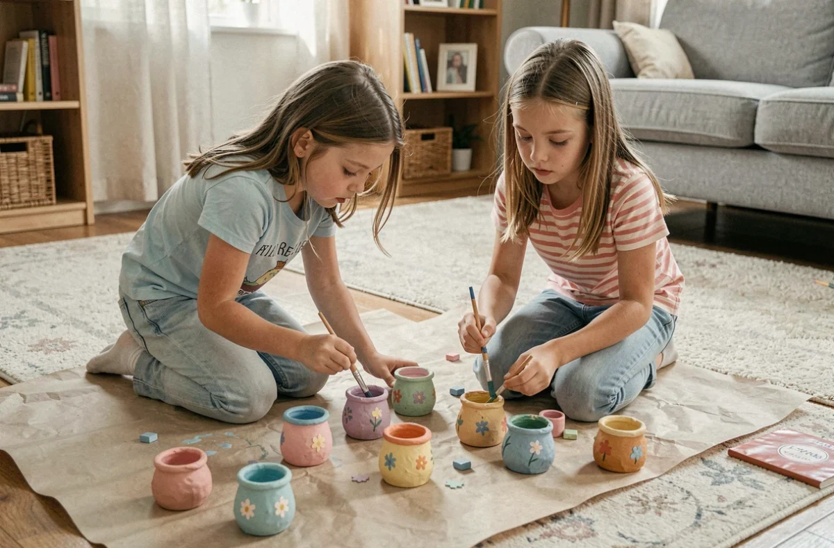 Deux enfants réalisant un bricolage fête des mères en peignant des pots en argile avec des couleurs pastel sur le sol du salon