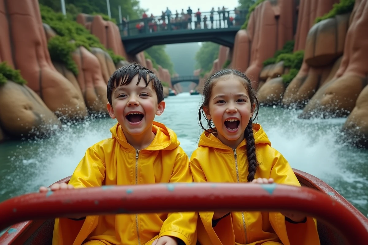 Enfants sur un manège aquatique à PortAventura, criant de joie avant la descente avec ponchos imperméables