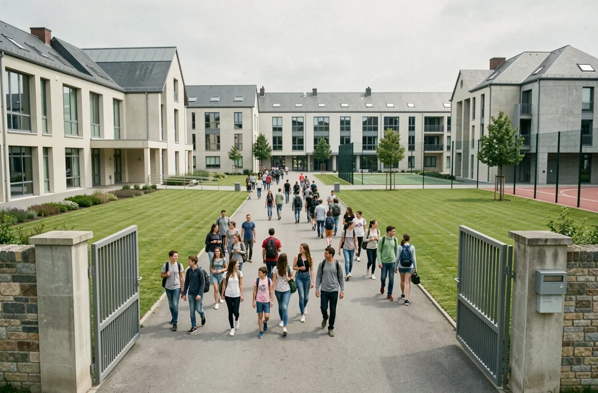 Campus de l'Ensemble Scolaire Saint Aubin La Salle à Saint-Sylvain-d'Anjou avec élèves dans la cour