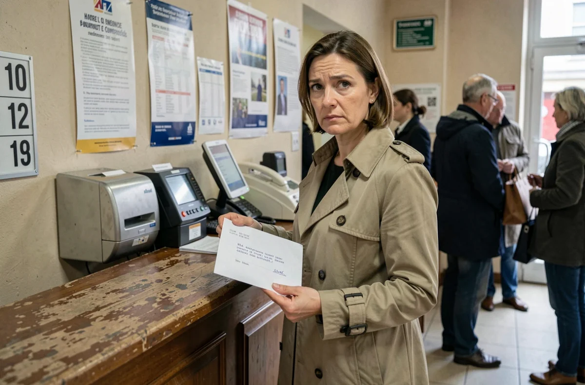 Femme envoyant un courrier de signalement anonyme à la CAF depuis un bureau de poste