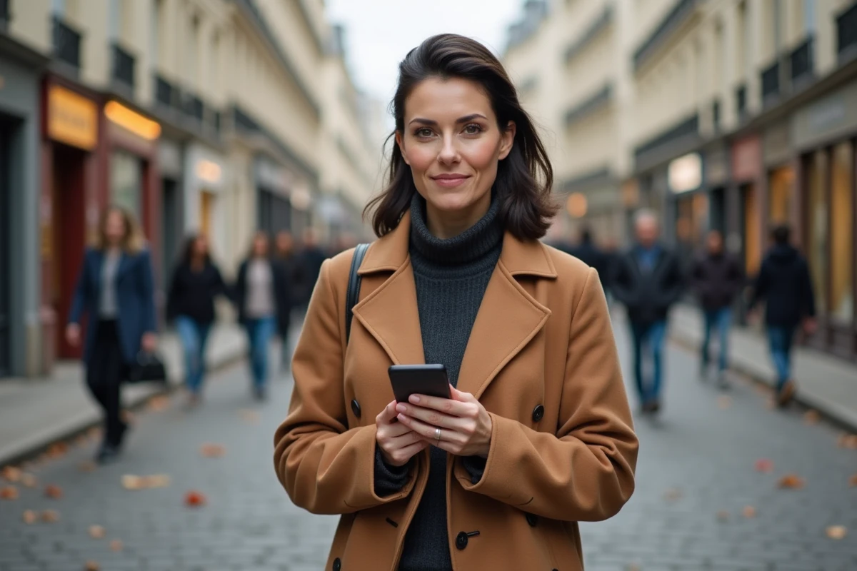Femme élégante dans une rue parisienne symbolisant la discrétion et la gestion de la notoriété de son époux médiatique