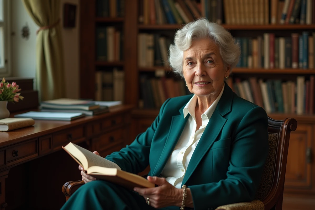 Femme élégante dans une bibliothèque parisienne, portrait intimiste évoquant la vie discrète de l'épouse d'un ancien homme politique