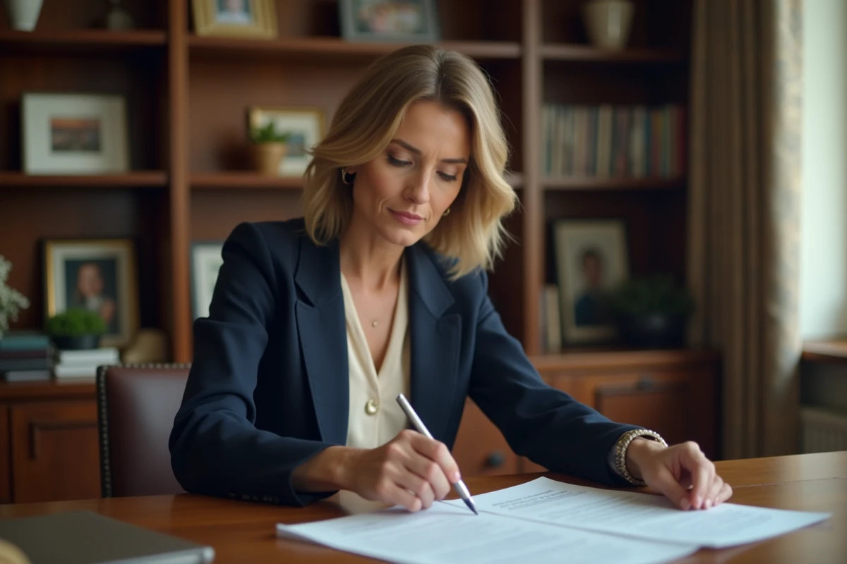 Femme élégante dans un bureau à domicile gérant des documents liés à la carrière médiatique de son mari journaliste