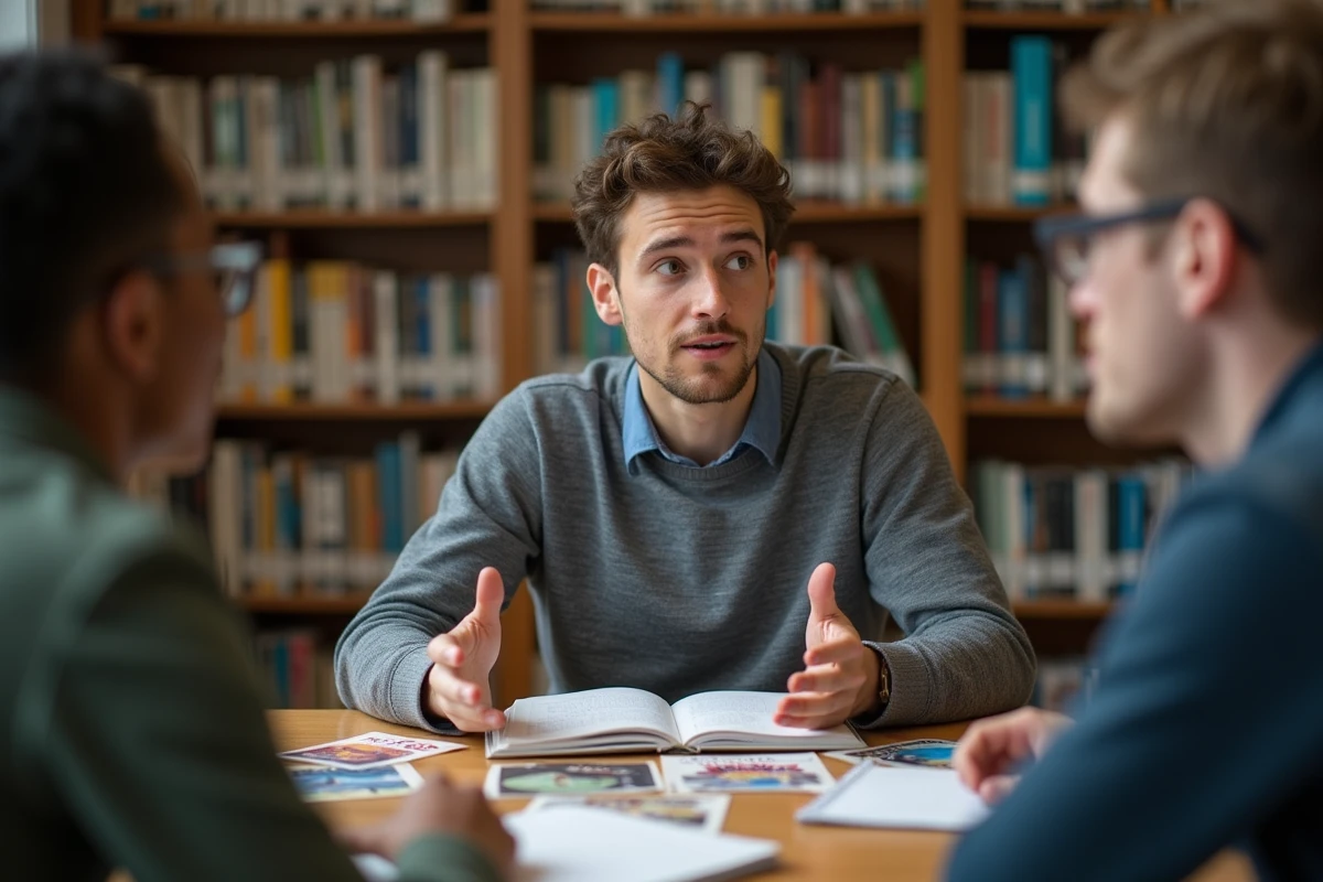 Jeune étudiant en discussion avec ses pairs dans un cadre universitaire