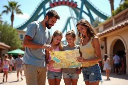 Famille avec enfants devant l'entrée d'une attraction à PortAventura, consultant un plan du parc sous le soleil
