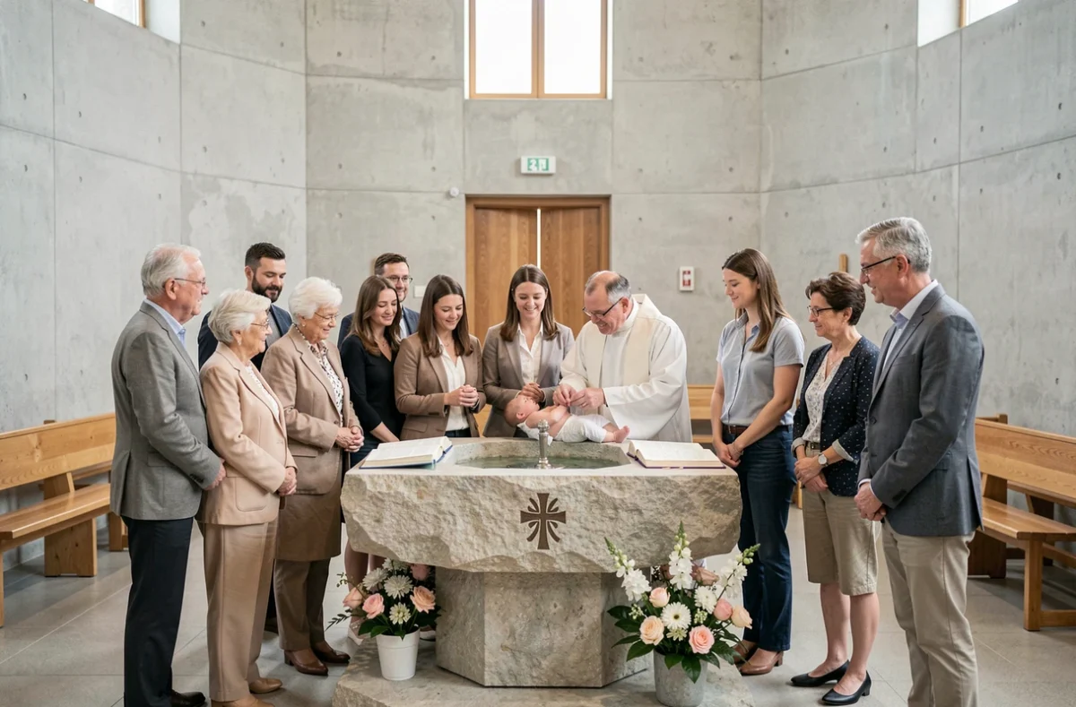 Famille multigénérationnelle réunie autour des fonts baptismaux lors d'une cérémonie de baptême catholique dans une église contemporaine