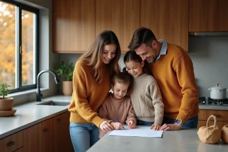 Famille de quatre dans une cuisine moderne en automne