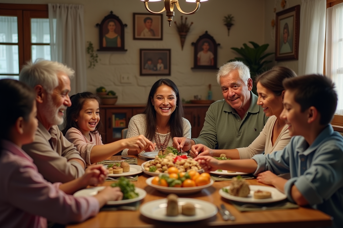 Famille hispanique multigenerational partageant un repas chaleureux